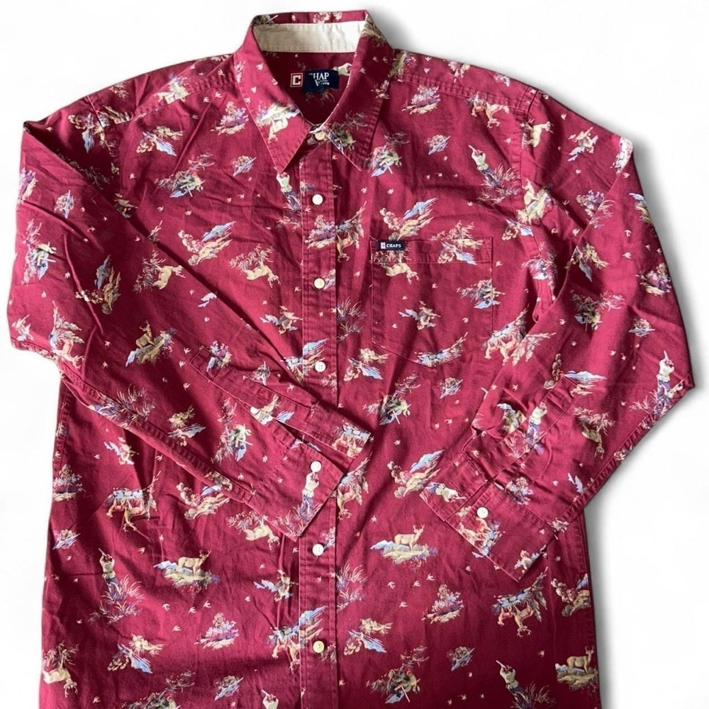 🦌Vintage 1990s Chaps Men’s Burgundy Deer Hunter Pattern | Sz Large |Button Down - Picture 3 of 8